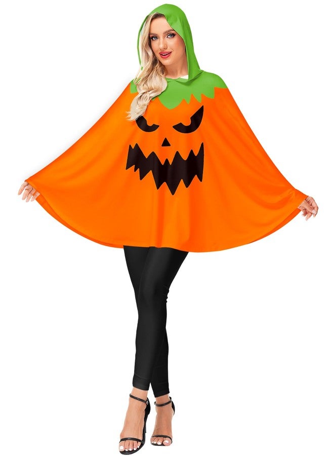 AOBUTE Womens Pumpkin Poncho With Hood Halloween Scary Jack O Lantern Costume Orange - Image 1